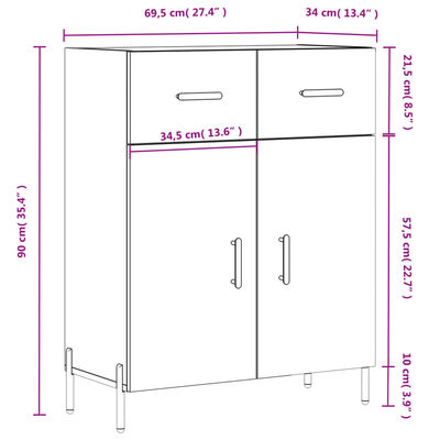 vidaXL Skjenk høyglans hvit 69,5x34x90 cm konstruert tre