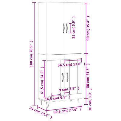 vidaXL Highboard svart 69,5x34x180 cm konstruert tre