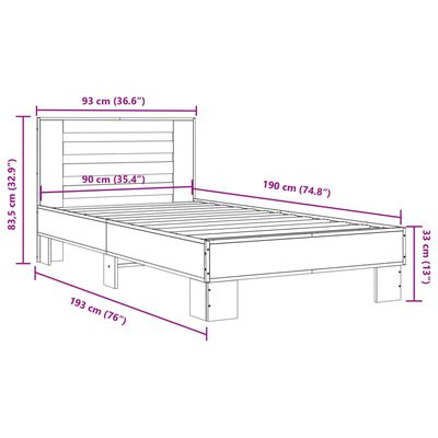 vidaXL Sengeramme røkt eik 90x190 cm konstruert tre og metall