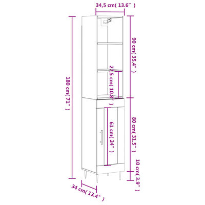 vidaXL Highboard hvit 34,5x34x180 cm konstruert tre