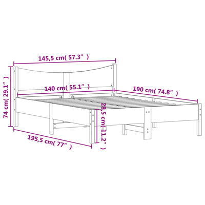 vidaXL Sengeramme uten madrass hvit 140x190 cm heltre furu