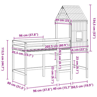 vidaXL Køyeseng med stige og tak 80x200 cm heltre furu