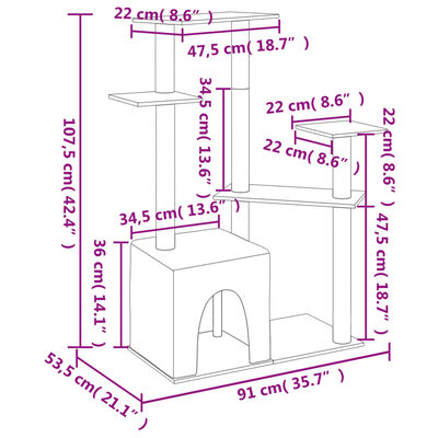 vidaXL Kattetre med klorestolper i sisal lysegrå 107,5 cm