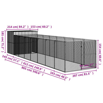 vidaXL Hundehus med gård antrasitt 214x865x181 cm galvanisert stål