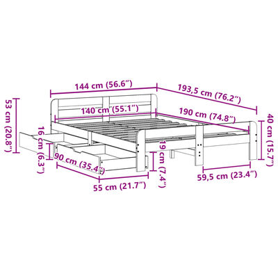 vidaXL Sengeramme uten madrass 140x190 cm heltre furu