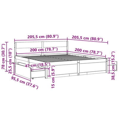 vidaXL Sengeramme uten madrass voksbrun 200x200 cm heltre furu