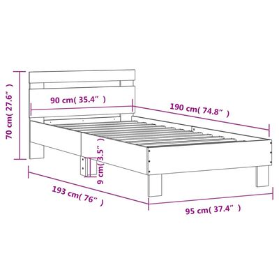 vidaXL Sengeramme med hodegavl og LED-lys betonggrå 90x190 cm