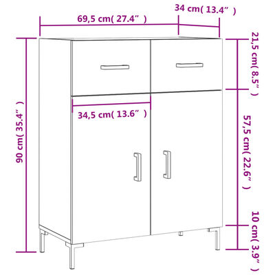 vidaXL Skjenk høyglans hvit 69,5x34x90 cm konstruert tre