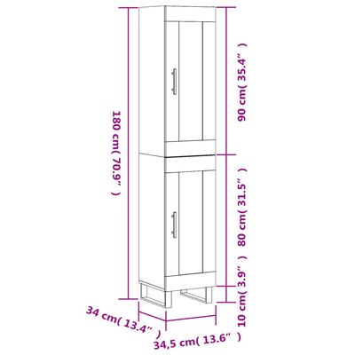 vidaXL Highboard høyglans hvit 34,5x34x180 cm konstruert tre