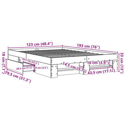 vidaXL Sengeramme uten madrass røkt eik 120x190 cm konstruert tre