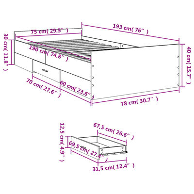 vidaXL Sengeramme med skuffer betonggrå 75x190 cm konstruert tre