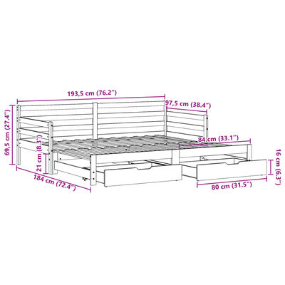 vidaXL Uttrekkbar dagseng med skuffer hvit 90x190 cm heltre furu