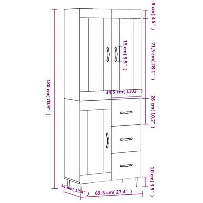 vidaXL Highboard hvit 69,5x34x180 cm konstruert tre