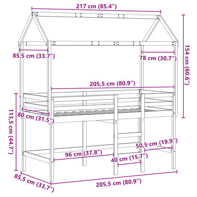 vidaXL Køyeseng med stige og tak hvit 80x200 cm heltre furu