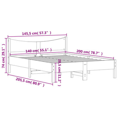 vidaXL Sengeramme uten madrass hvit 140x200 cm heltre furu