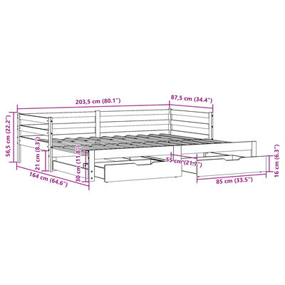 vidaXL Uttrekkbar dagseng med skuffer hvit 80x200 cm heltre furu