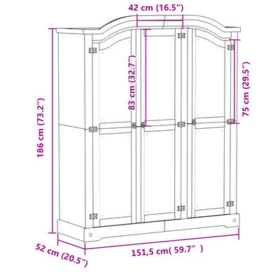 vidaXL Garderobe Corona hvit 151,5x52x186 cm heltre furu