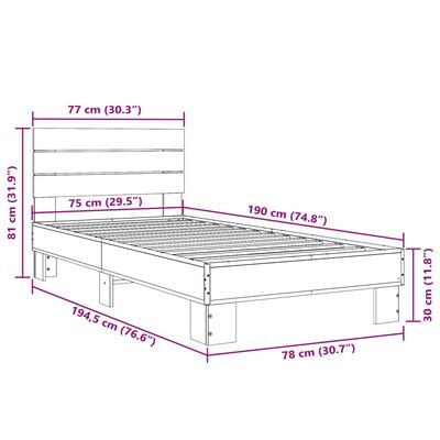 vidaXL Sengeramme brun eik 75x190 cm konstruert tre og metall