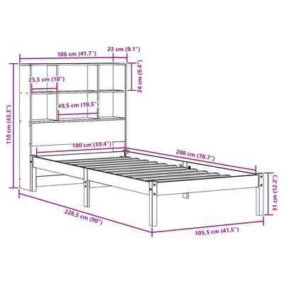 vidaXL Seng med bokhylle uten madrass 100x200 cm heltre furu