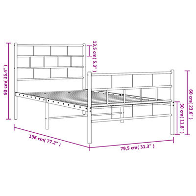 vidaXL Sengeramme i metall med hode- og fotgavl hvit 75x190 cm