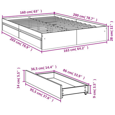 vidaXL Sengeramme med skuffer sonoma eik 160x200 cm konstruert tre