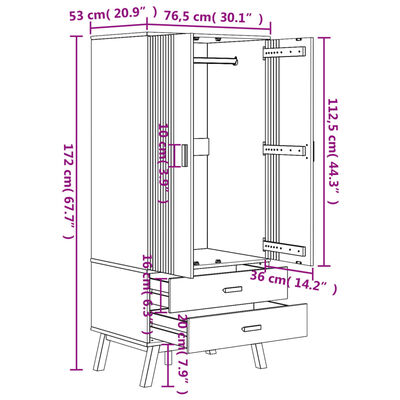 vidaXL Garderobe OLDEN hvit og brun 76,5x53x172 cm heltre furu