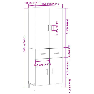 vidaXL Highboard grå sonoma 69,5x34x180 cm konstruert tre