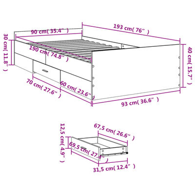 vidaXL Sengeramme med skuffer grå sonoma 90x190 cm konstruert tre