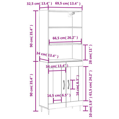 vidaXL Highboard brun eik 69,5x34x180 cm konstruert tre