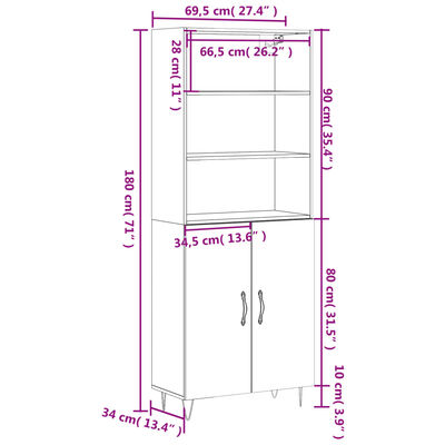 vidaXL Highboard brun eik 69,5x34x180 cm konstruert tre