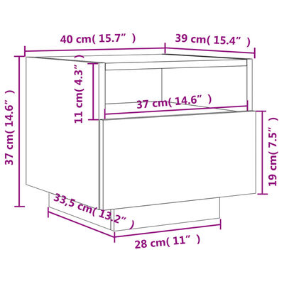 vidaXL Nattbord med LED hvit 40x39x37 cm