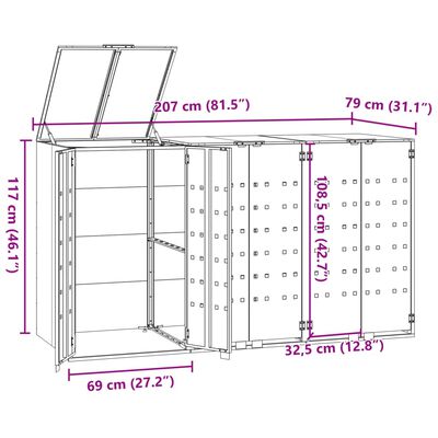 vidaXL Søppeldunkskur for 3 dunker antrasitt 207x79x117 cm stål