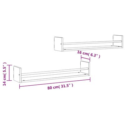 vidaXL Vegghyller med stenger 2 stk røkt eik 80x16x14 cm