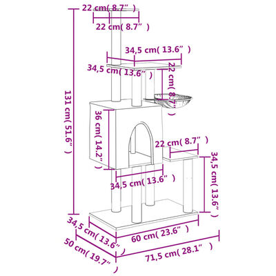 vidaXL Kattetre med klorestolper i sisal lysegrå 131 cm