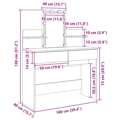 vidaXL Sminkebord med LED grå sonoma 100x40x130 cm