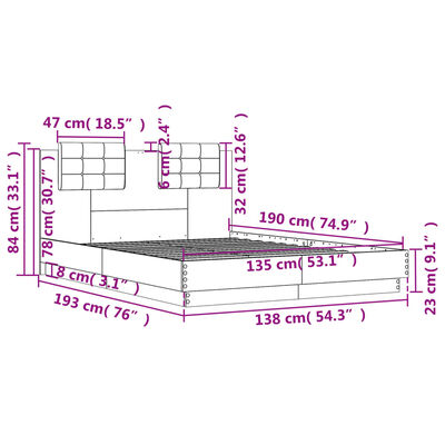 vidaXL Sengeramme med hodegavl grå sonoma 135x190 cm konstruert tre