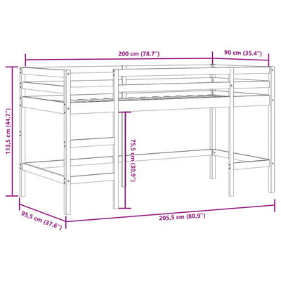 vidaXL Køyeseng for barn gardiner hvit og svart 90x200 cm heltre furu