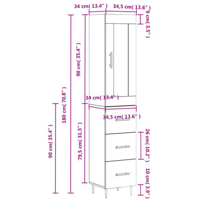 vidaXL Highboard grå sonoma 34,5x34x180 cm konstruert tre