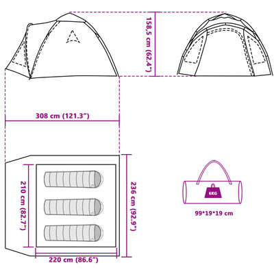 vidaXL Kuppeltelt for camping 3 personer grønn hurtigutløser