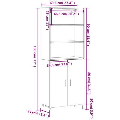 vidaXL Highboard røkt eik 69,5x34x180 cm konstruert tre