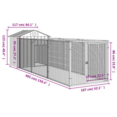 vidaXL Hundehus med tak lysegrå 117x405x123 cm galvanisert stål