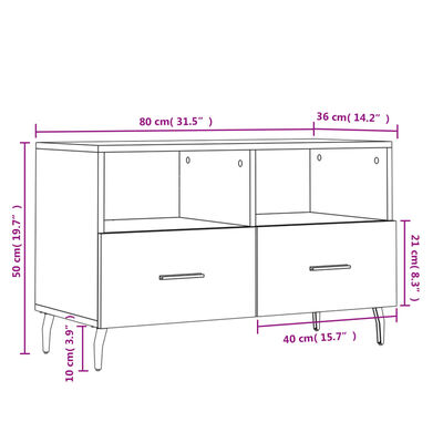 vidaXL TV-benk brun eik 80x36x50 cm konstruert tre