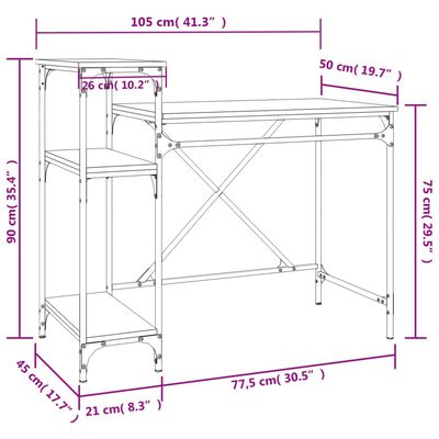 vidaXL Skrivebord med hyller brun eik 105x50x90 cm konstruert tre jern