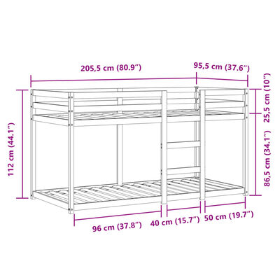 vidaXL Køyeseng med gardiner rose 90x200 cm heltre furu