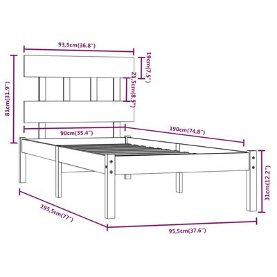 vidaXL Sengeramme svart heltre 90x190 cm Single