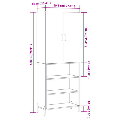 vidaXL Highboard grå sonoma 69,5x34x180 cm konstruert tre