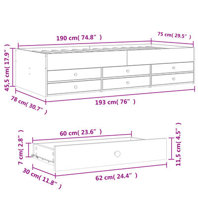 vidaXL Dagseng med skuffer uten Madrass svart 75x190 cm