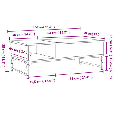 vidaXL Salongbord røkt eik 100x50x35 cm konstruert tre og metall