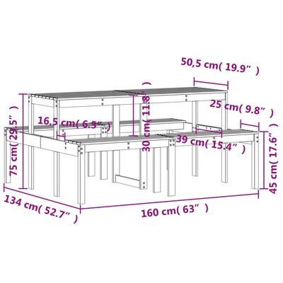 vidaXL Piknikbord 160x134x75 cm heltre furu