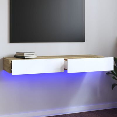 vidaXL TV-benk med LED-lys hvit og sonoma eik 120x35x15,5 cm